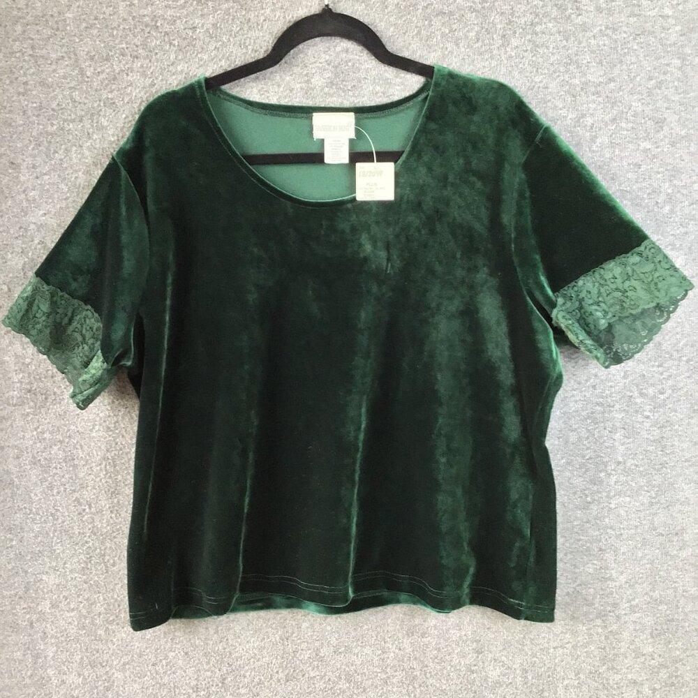 Vintage Velveteen Lace Trim Shirt Emerald Green Sz 18/20 NWT